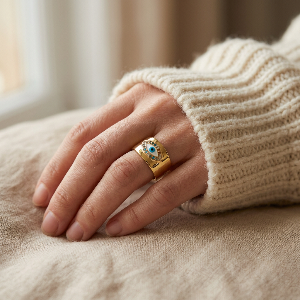 Close-up of a feminine hand wearing a gold wide band evil eye ring with multi-colored rainbow crystals and deep blue center stone, the bold protective symbol making a statement. Soft natural lighting, warm beige linen background, natural skin texture with visible pores and slight imperfections.