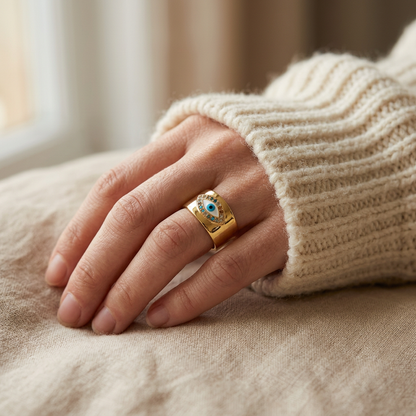 Close-up of a feminine hand wearing a gold wide band evil eye ring with multi-colored rainbow crystals and deep blue center stone, the bold protective symbol making a statement. Soft natural lighting, warm beige linen background, natural skin texture with visible pores and slight imperfections.