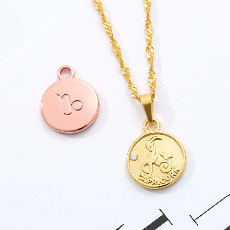 Horoscope Charm Pendant, 18K Gold Horoscope Necklace, Horoscope Coin Necklace for Women, Gift for Her