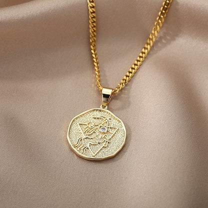 18K Gold Horoscope Coin, Gold Horoscope Charm, Gold Horoscope Necklace, Horoscope Fashion Necklace for Women, Gift for Her