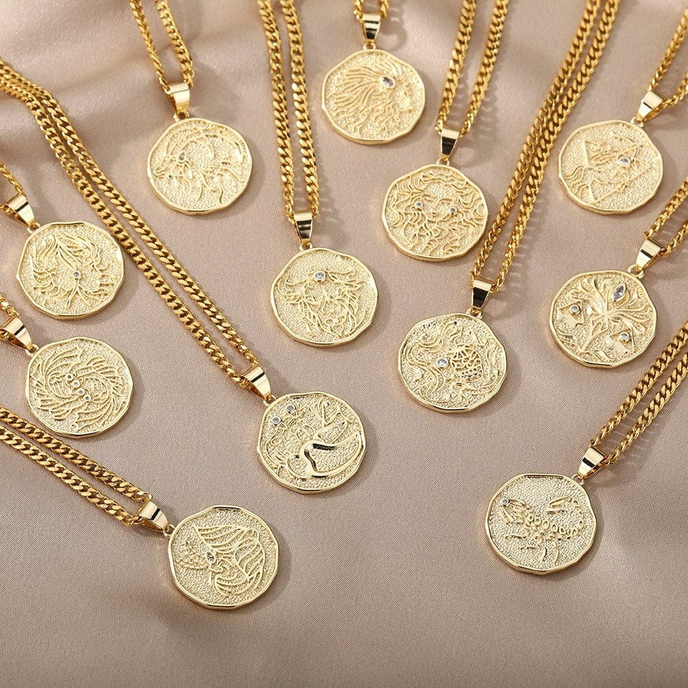 18K Gold Horoscope Coin, Gold Horoscope Charm, Gold Horoscope Necklace, Horoscope Fashion Necklace for Women, Gift for Her