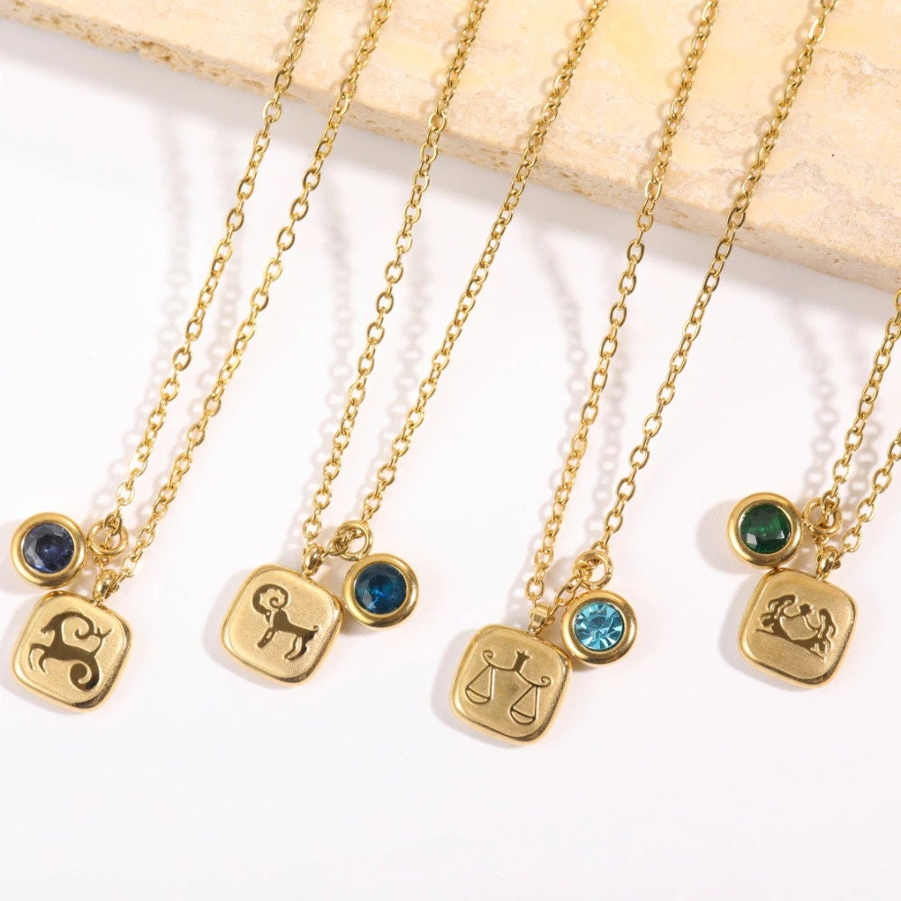 18K Gold Horoscope Charm, Gold Horoscope Necklace, Birthstone Charm, Gold Birthstone Necklace for Women, Gift for Her