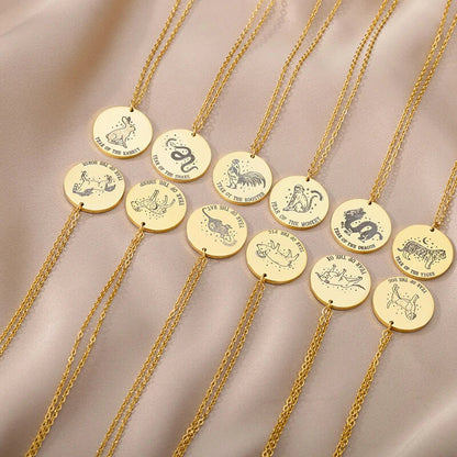 18K Gold Horoscope Coin, Chinese Zodiac Necklace, Chinese Zodiac Charm, Chinese Fashion Necklace for Women, Gift for Her