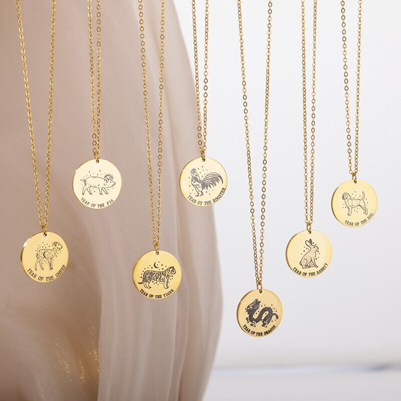 18K Gold Horoscope Coin, Chinese Zodiac Necklace, Chinese Zodiac Charm, Chinese Fashion Necklace for Women, Gift for Her