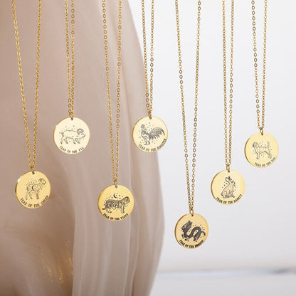 18K Gold Horoscope Coin, Chinese Zodiac Necklace, Chinese Zodiac Charm, Chinese Fashion Necklace for Women, Gift for Her