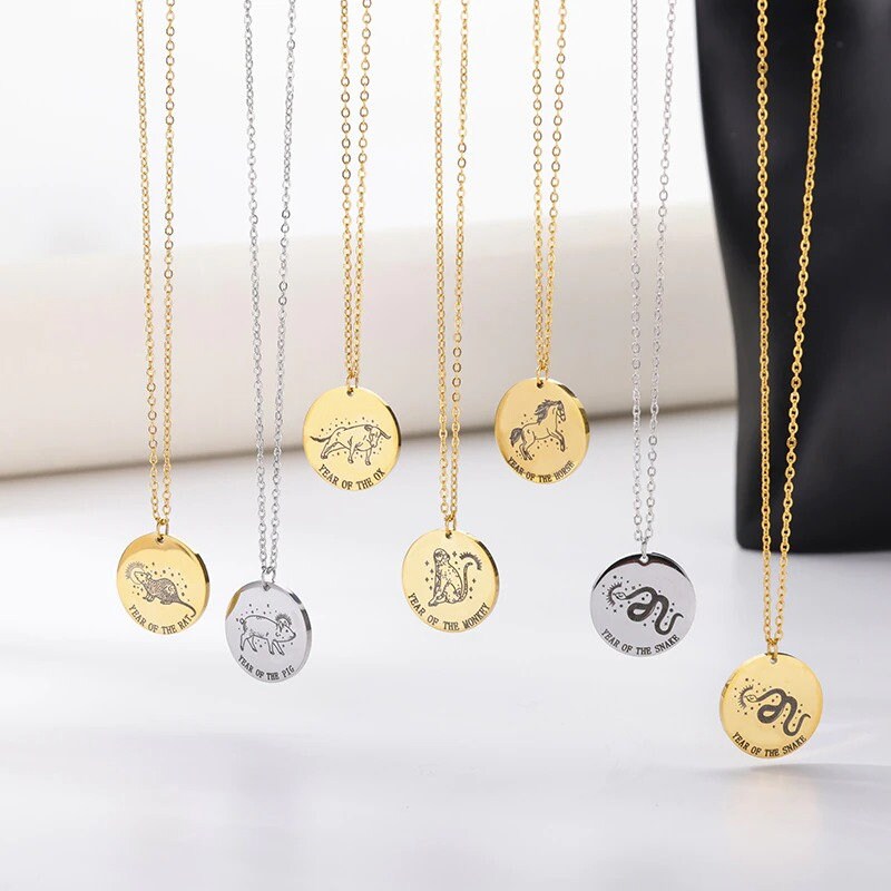 18K Gold Horoscope Coin, Chinese Zodiac Necklace, Chinese Zodiac Charm, Chinese Fashion Necklace for Women, Gift for Her