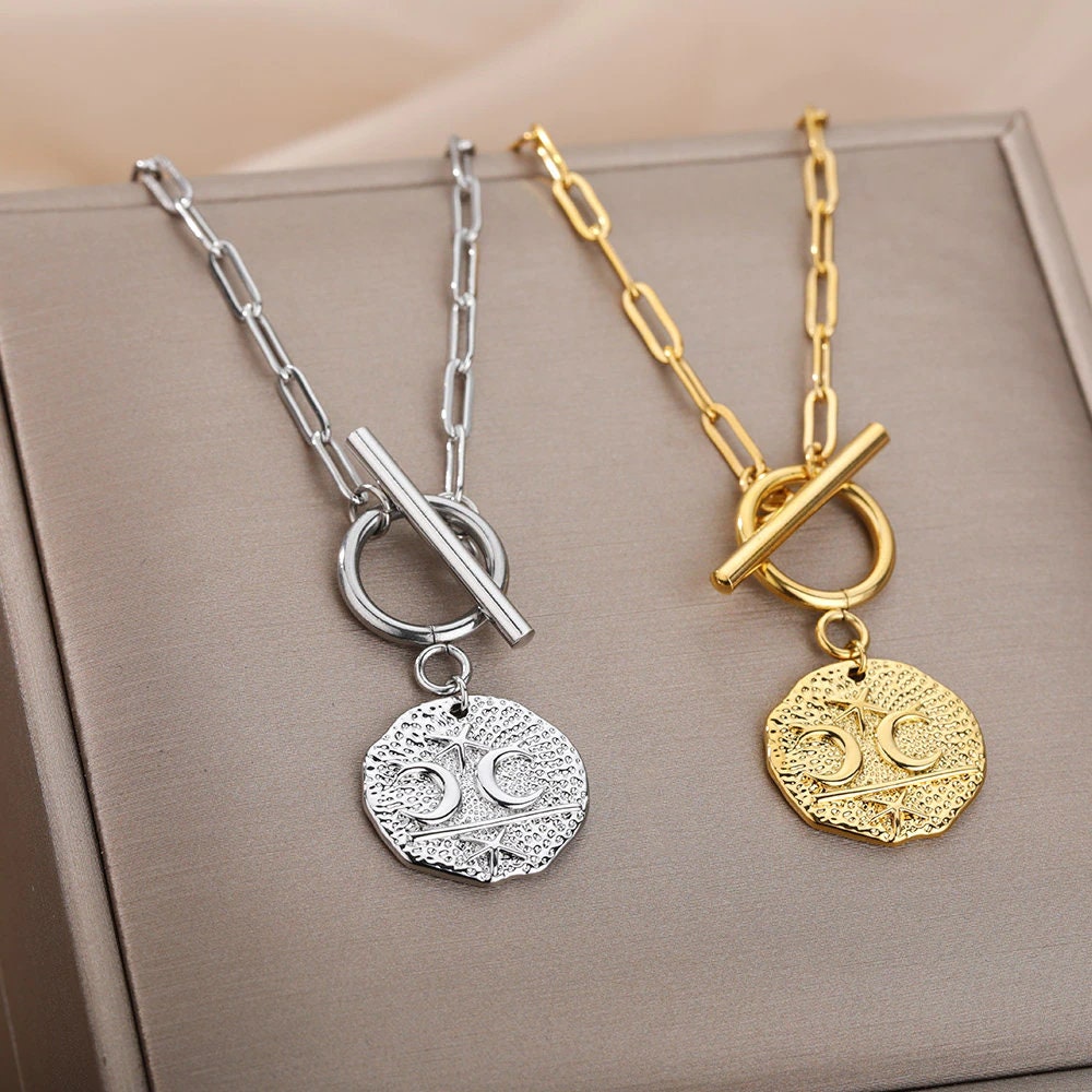 18K Gold Organic Coin Charm, Moon Coin Charm, Gold Moon Necklace, Punk Fashion Necklace for Women, Gift for Her