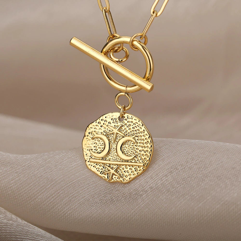 18K Gold Organic Coin Charm, Moon Coin Charm, Gold Moon Necklace, Punk Fashion Necklace for Women, Gift for Her