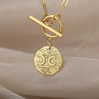 18K Gold Organic Coin Charm, Moon Coin Charm, Gold Moon Necklace, Punk Fashion Necklace for Women, Gift for Her