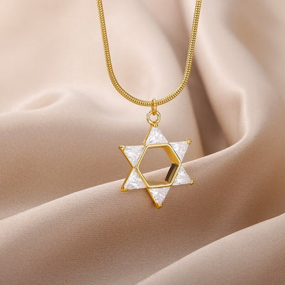 18K Gold Hexagram Necklace, Gold Star Necklace, Crystal Star Necklace for Women, Gift for Her