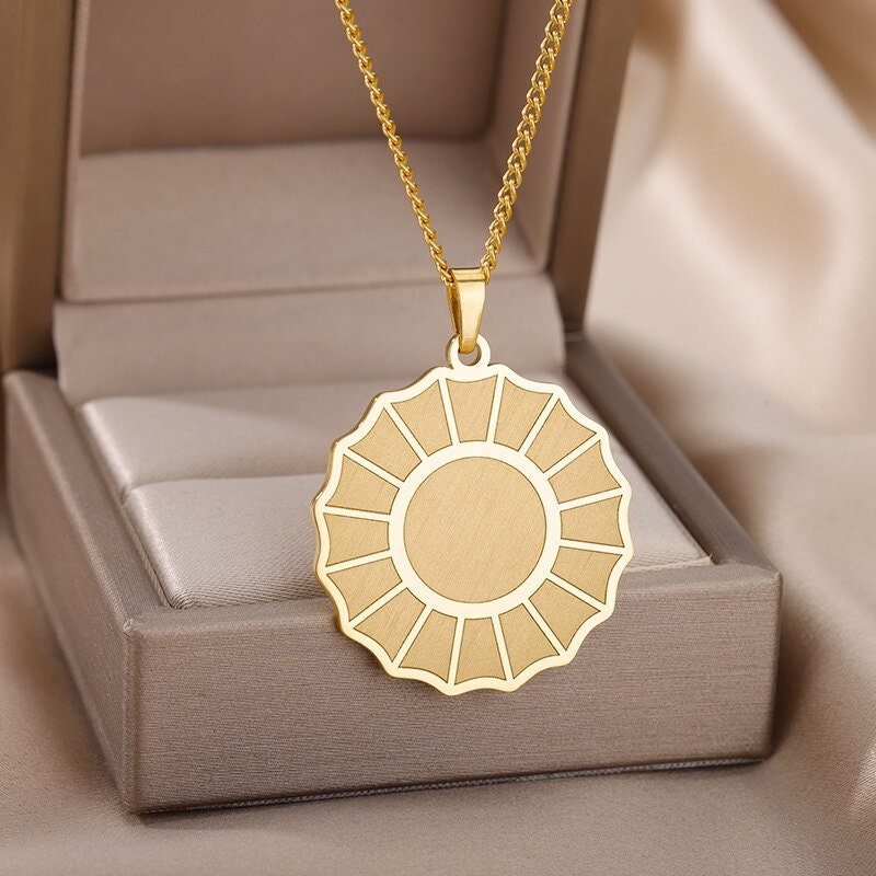 18K Gold Sun Flat Charm, Gold Sun Necklace, Gothic Sun Fashion Necklace for Women, Gift for Her