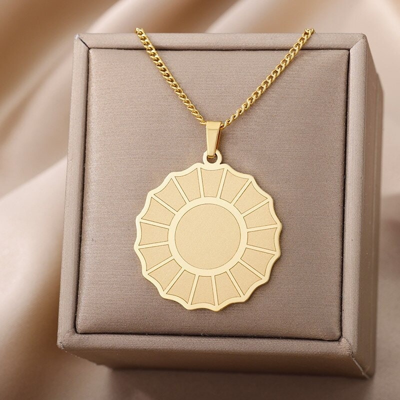 18K Gold Sun Flat Charm, Gold Sun Necklace, Gothic Sun Fashion Necklace for Women, Gift for Her