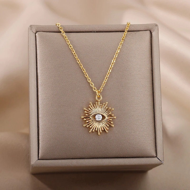 Gothic Sun Charm, 18K Gold Evil Eye Necklace, Gothic Fashion Necklace for Women, Gift for Her