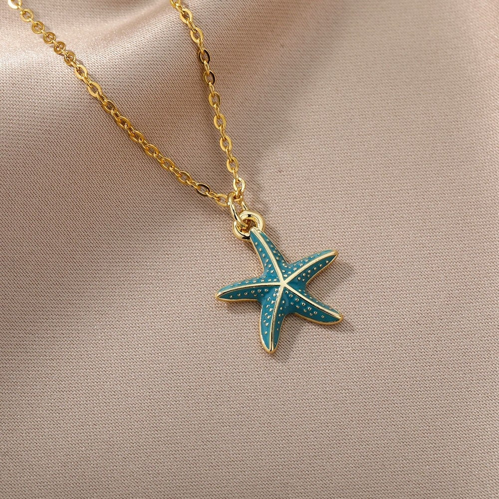 Cute Starfish Necklace, 18K Gold Starfish Necklace, Beach Tropical Fashion Necklace for Women, Gift for Her