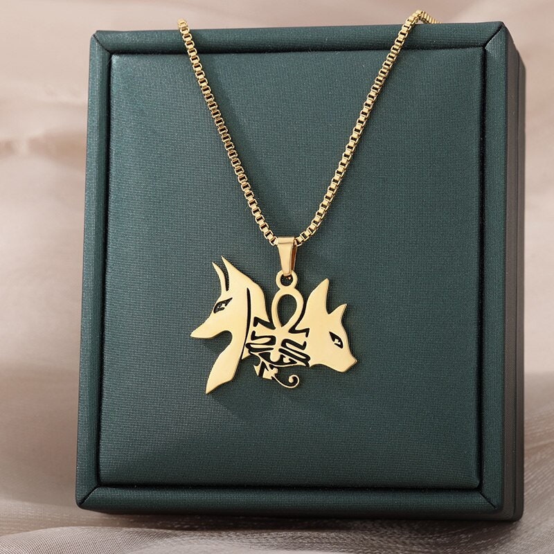 Punk Egyptian Anubis Pendant, Gold Anubis Cat Necklace, 18K Gold Gothic