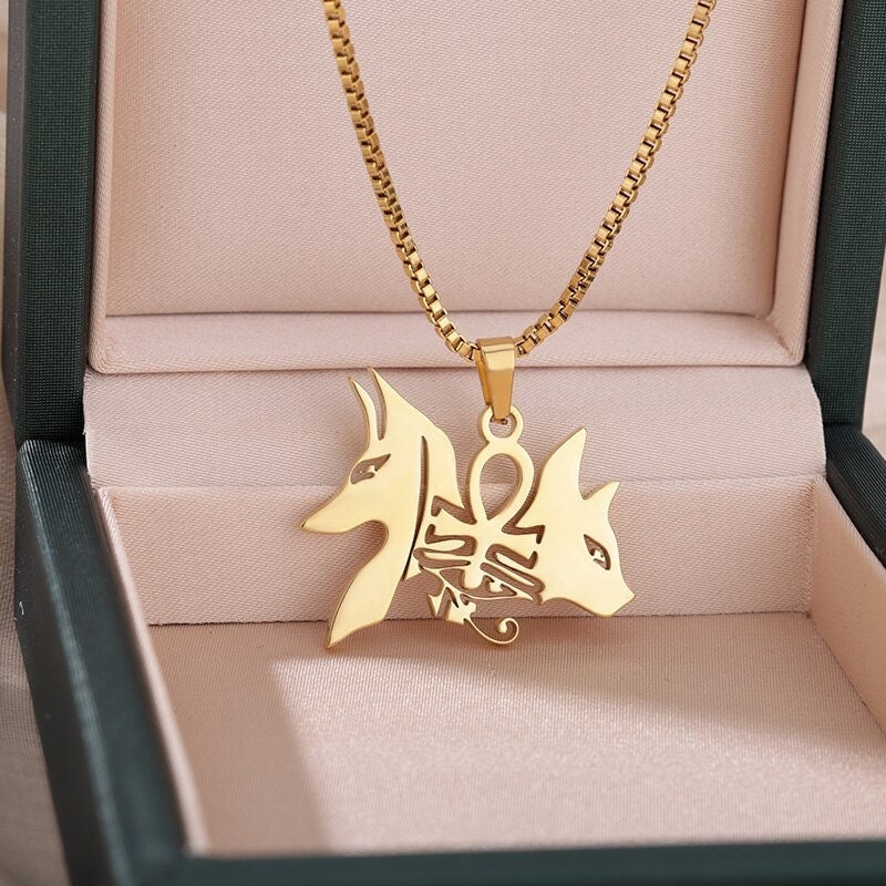Punk Egyptian Anubis Pendant, Gold Anubis Cat Necklace, 18K Gold Gothic