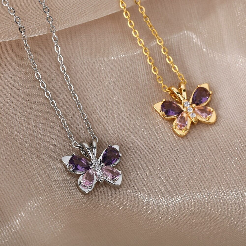 Delicate Butterfly Charm, Purple Butterfly Necklace, 18K Gold Butterfly Necklace for Women, Gift for Her