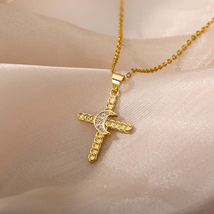 Gothic Moon Charm, 18K Gold Cross Necklace, Moon Cross Necklace for Women, Gift for Her