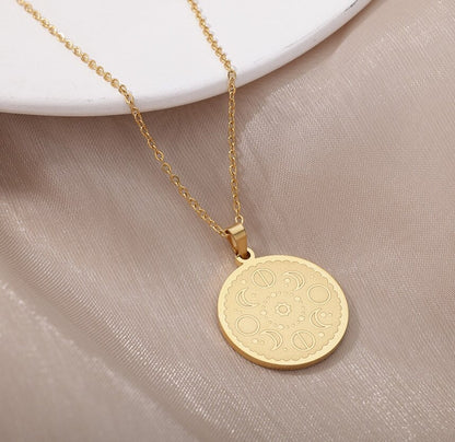 18K Gold Moon Medallion Charm, Gold Moon Necklace, Moon Phase Fashion Necklace for Women, Gift for Her