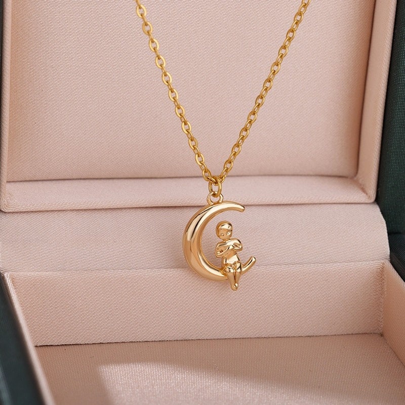 Cute Moon Necklace, 18K Gold Baby Moon Charm, Moon Necklace for Women, Gift for Her