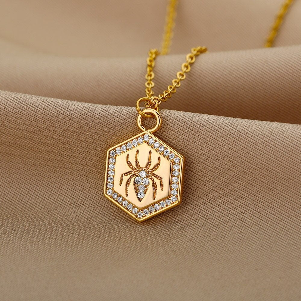 18K Gold Spider Charm, Crystal Spider Charm, Gold Spider Necklace, Punk Fashion Necklace for Women, Gift for Her