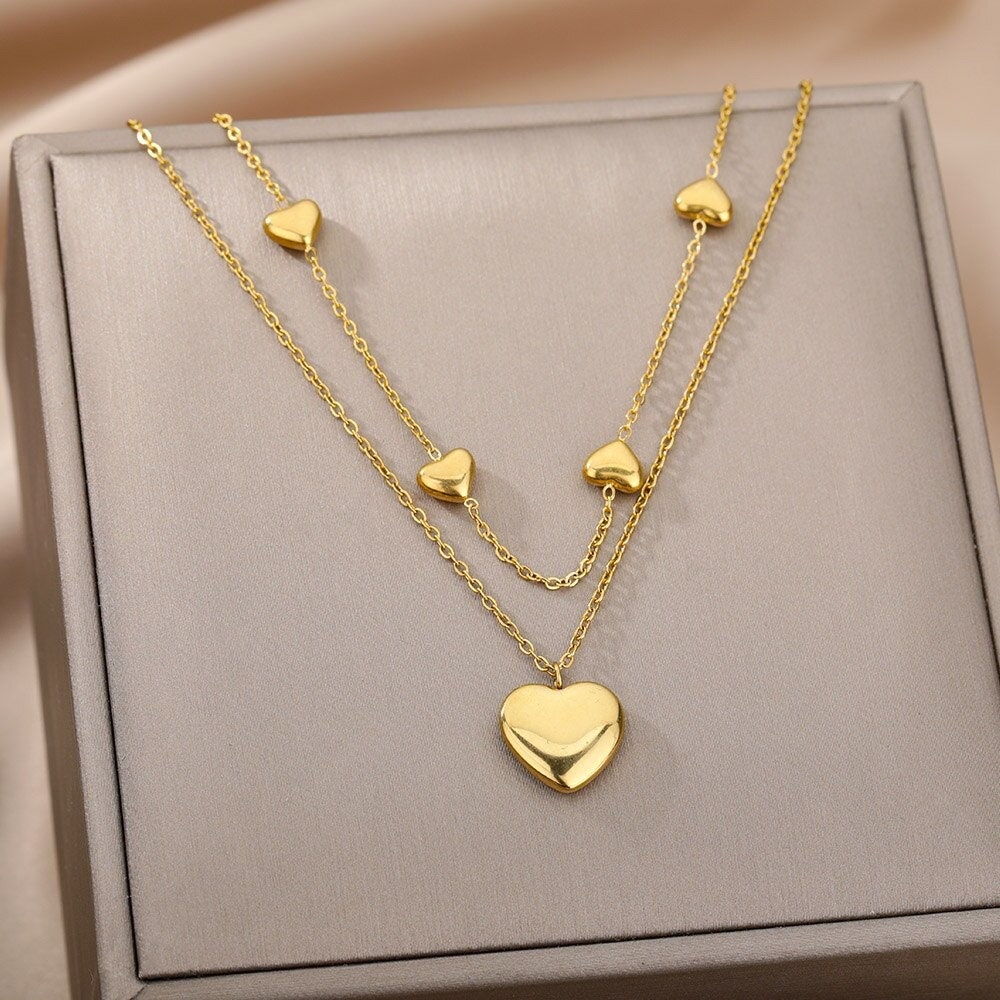 18K Gold Heart Necklace, Layering Necklace, Gold Heart Charm, Punk Fashion Necklace for Women, Gift for Her