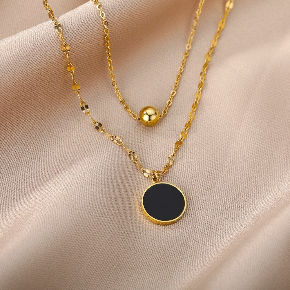 Dainty Black Charm Necklace, 18K Gold Black Coin Necklace, Punk Fashion Necklace for Women, Gift for Her