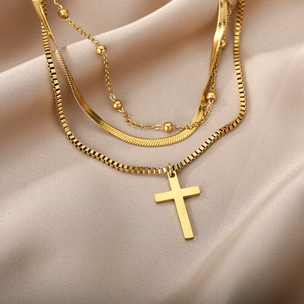 18K Gold Cross Necklace, Gold Layered Necklace, Christian Fashion Necklace for Women, Gift for Her