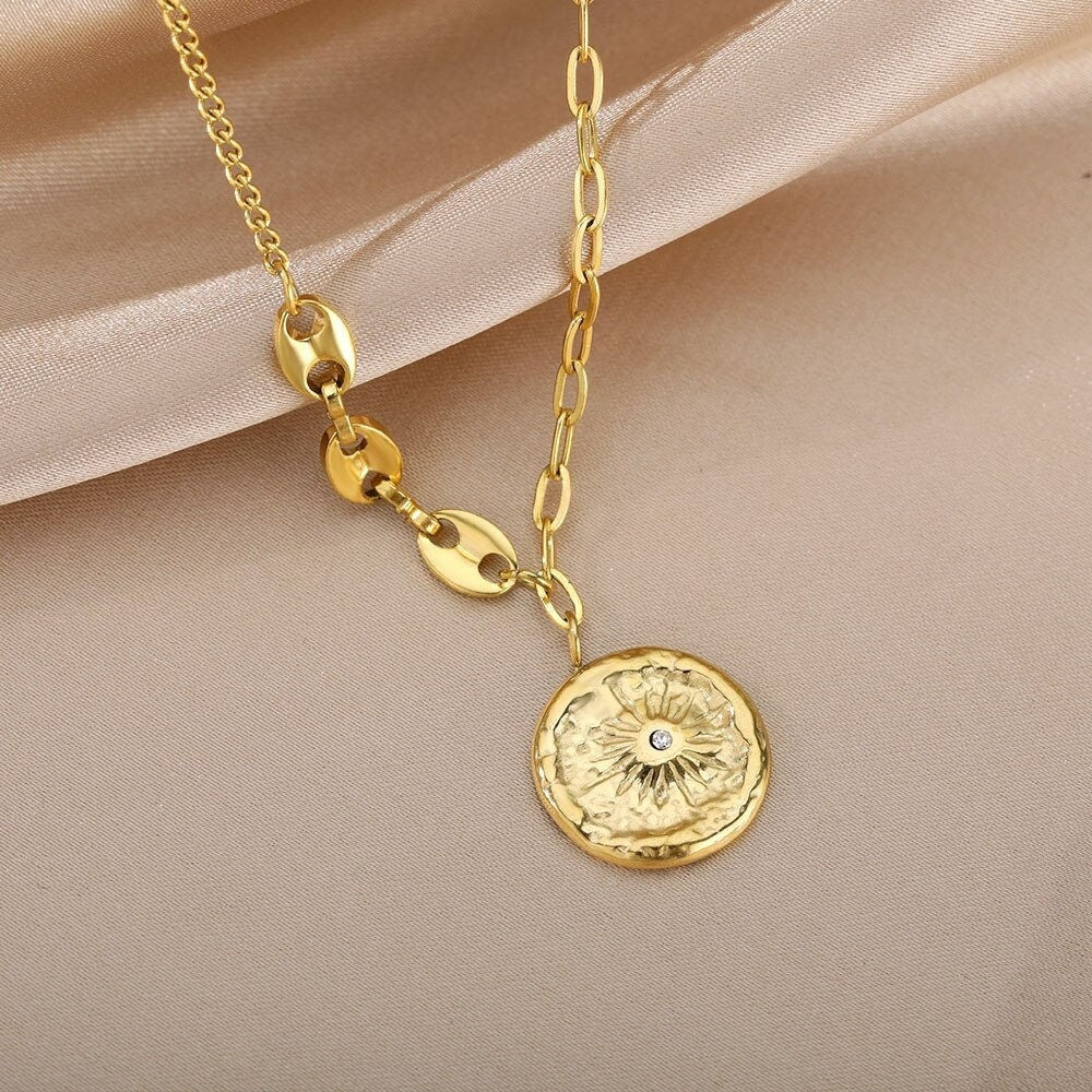 Organic Sun Coin Charm, 18K Gold Sun Coin Necklace, Sun Fashion Necklace for Women, Gift for Her