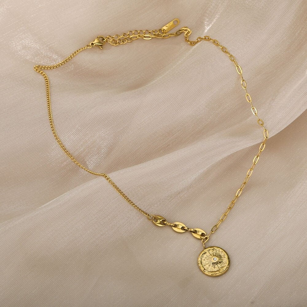 Organic Sun Coin Charm, 18K Gold Sun Coin Necklace, Sun Fashion Necklace for Women, Gift for Her