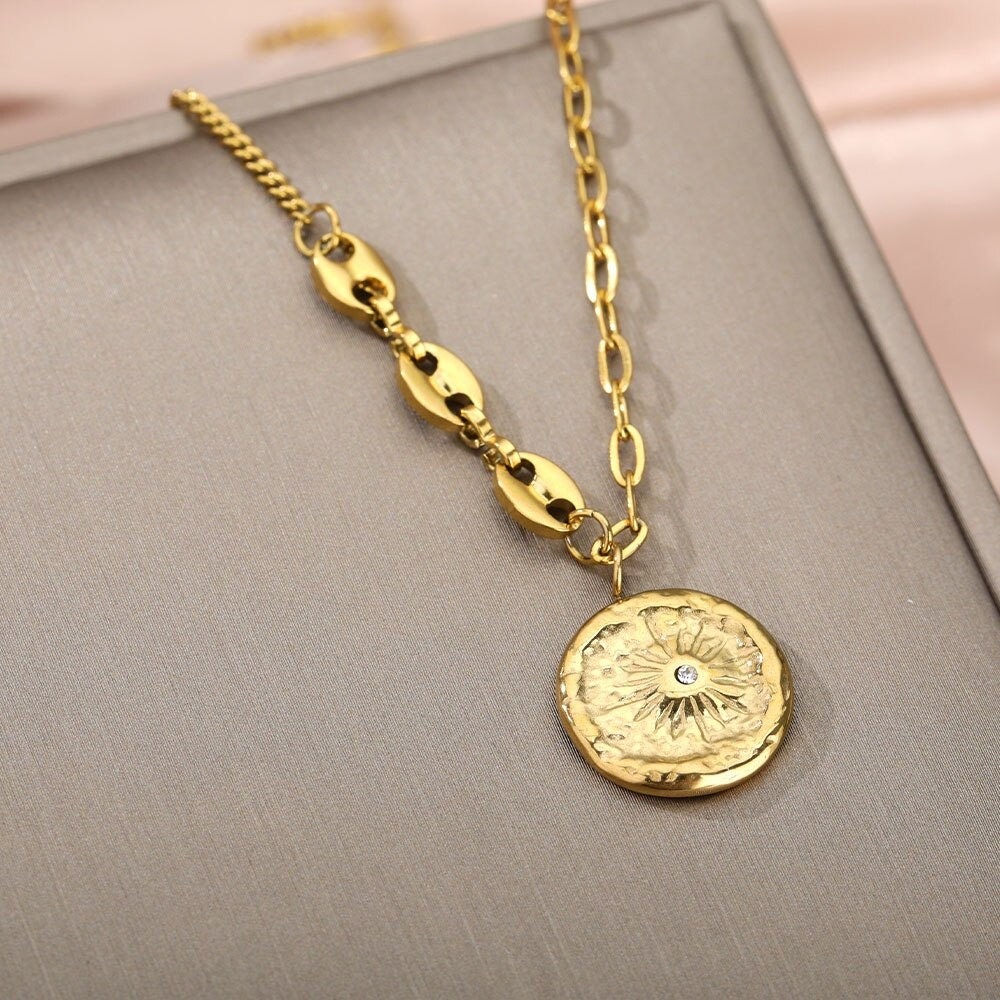 Organic Sun Coin Charm, 18K Gold Sun Coin Necklace, Sun Fashion Necklace for Women, Gift for Her