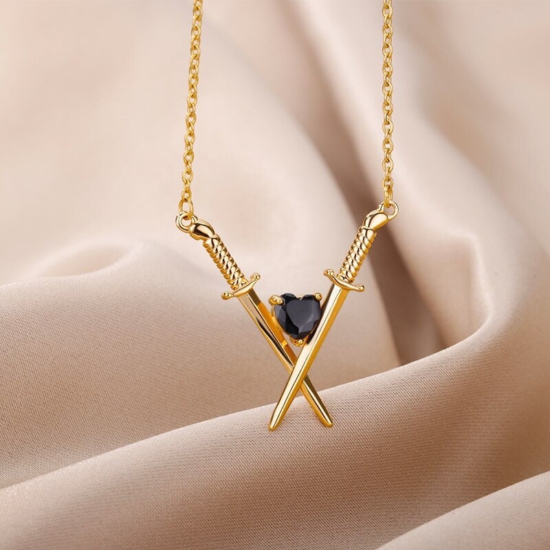 Gothic Sword Pendant, 18K Gold Punk Hearts & Swords Necklace