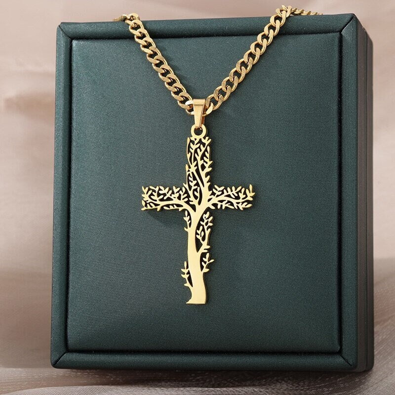 18K Gold Cross Necklace, Gold Nature Necklace, Christian Necklace for Women, Gift for Her