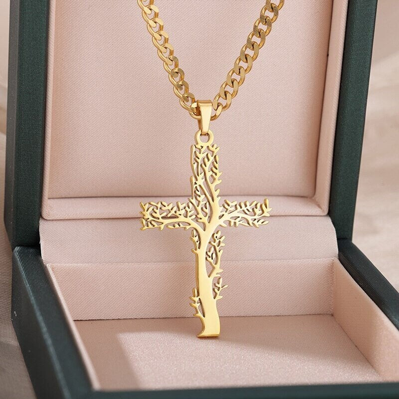 18K Gold Cross Necklace, Gold Nature Necklace, Christian Necklace for Women, Gift for Her