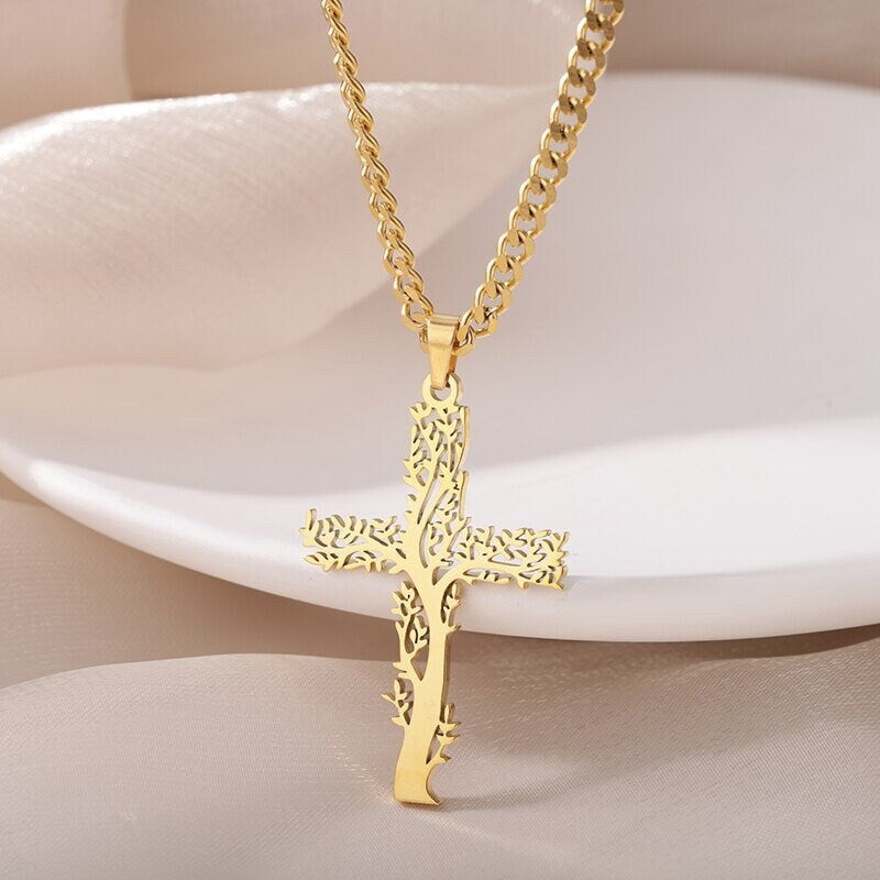 18K Gold Cross Necklace, Gold Nature Necklace, Christian Necklace for Women, Gift for Her