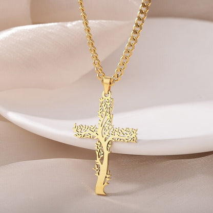 18K Gold Cross Necklace, Gold Nature Necklace, Christian Necklace for Women, Gift for Her