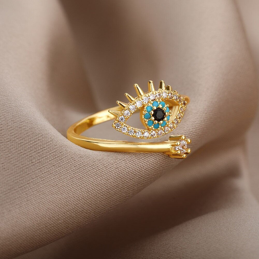 Gothic Evil Eye Ring, Crystal Evil Eye Ring, 18K Gold Evil Eye Ring, Evil Eye Fashion Ring for Women, Gift for Her