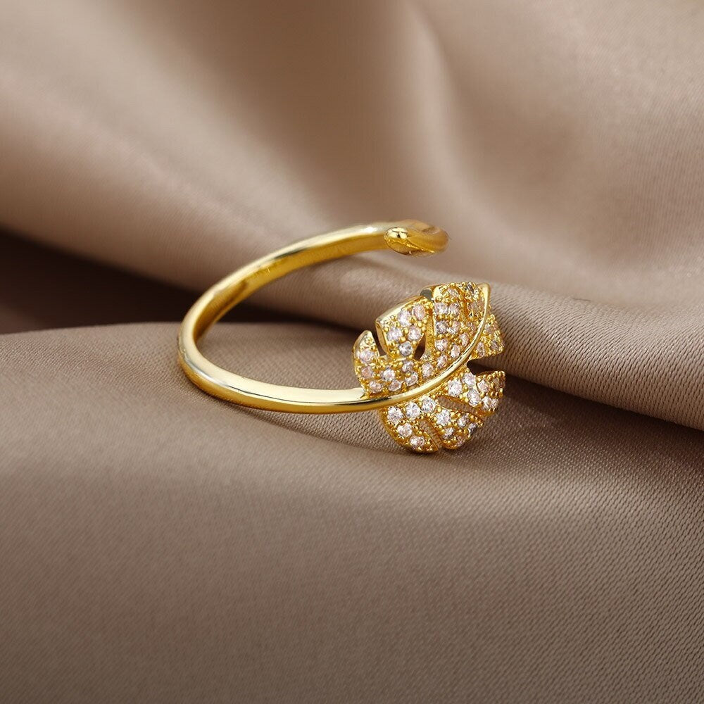 18K Gold Leaf Ring, Crystal Leaf Ring, Punk Crystal Ring, Punk Leaf Ring, Leaf Fashion Ring for Women, Gift for Her