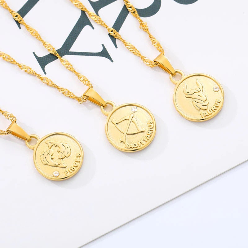 Horoscope Charm Pendant, 18K Gold Horoscope Necklace, Horoscope Coin Necklace for Women, Gift for Her