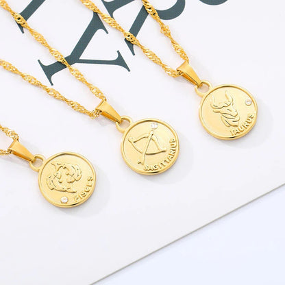 Horoscope Charm Pendant, 18K Gold Horoscope Necklace, Horoscope Coin Necklace for Women, Gift for Her