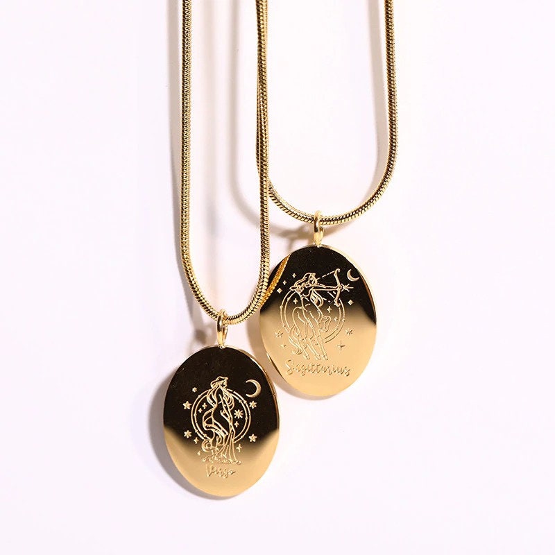Engraved Horoscope Charm, 18K Gold Horoscope Necklace for Women, Dainty Horoscope Charm, Gift for Her