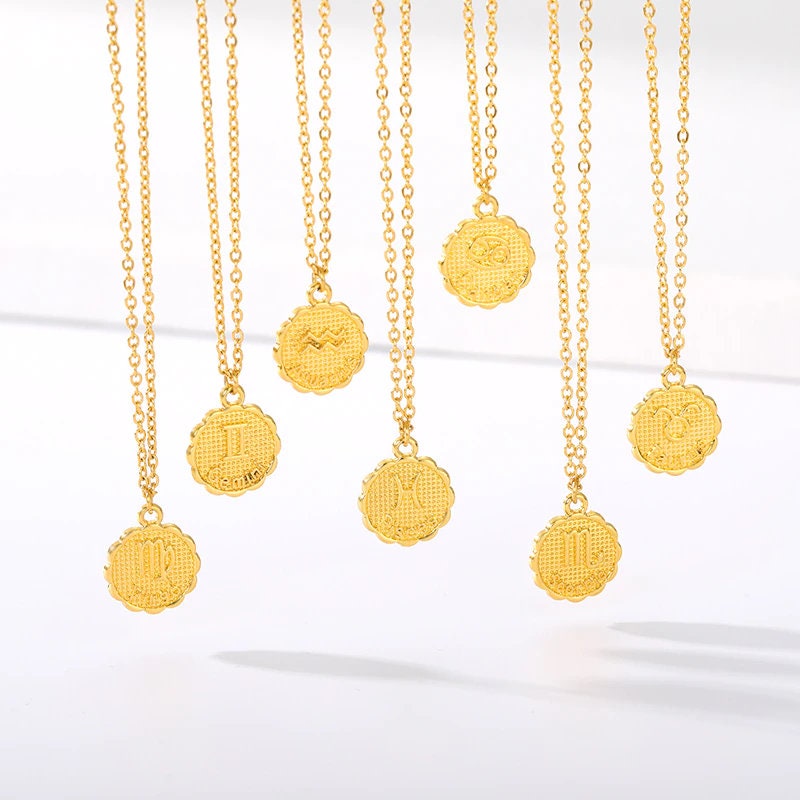 Horoscope Coin Charm, 18K Gold Horoscope Coin, Gold Horoscope Necklace, Horoscope Fashion Necklace for Women, Gift for Her