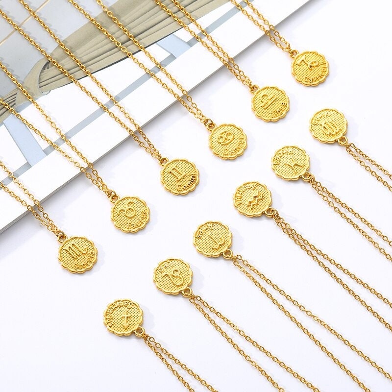 Horoscope Coin Charm, 18K Gold Horoscope Coin, Gold Horoscope Necklace, Horoscope Fashion Necklace for Women, Gift for Her