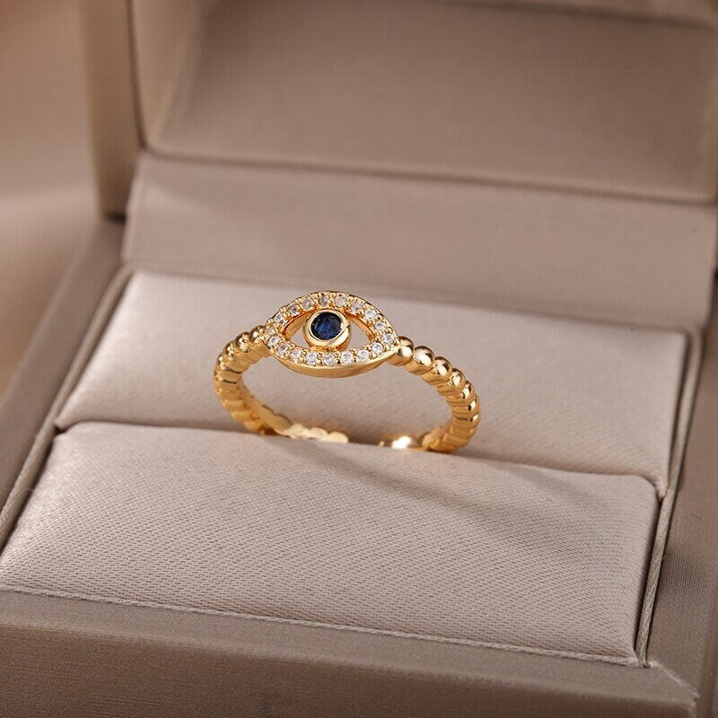 18K Gold Evil Eye Ring, Evil Eye Crystal, Crystal Evil Eye Ring, Gothic Evil Eye Fashion Ring for Women, Gift for Her