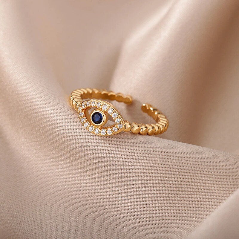 18K Gold Evil Eye Ring, Evil Eye Crystal, Crystal Evil Eye Ring, Gothic Evil Eye Fashion Ring for Women, Gift for Her