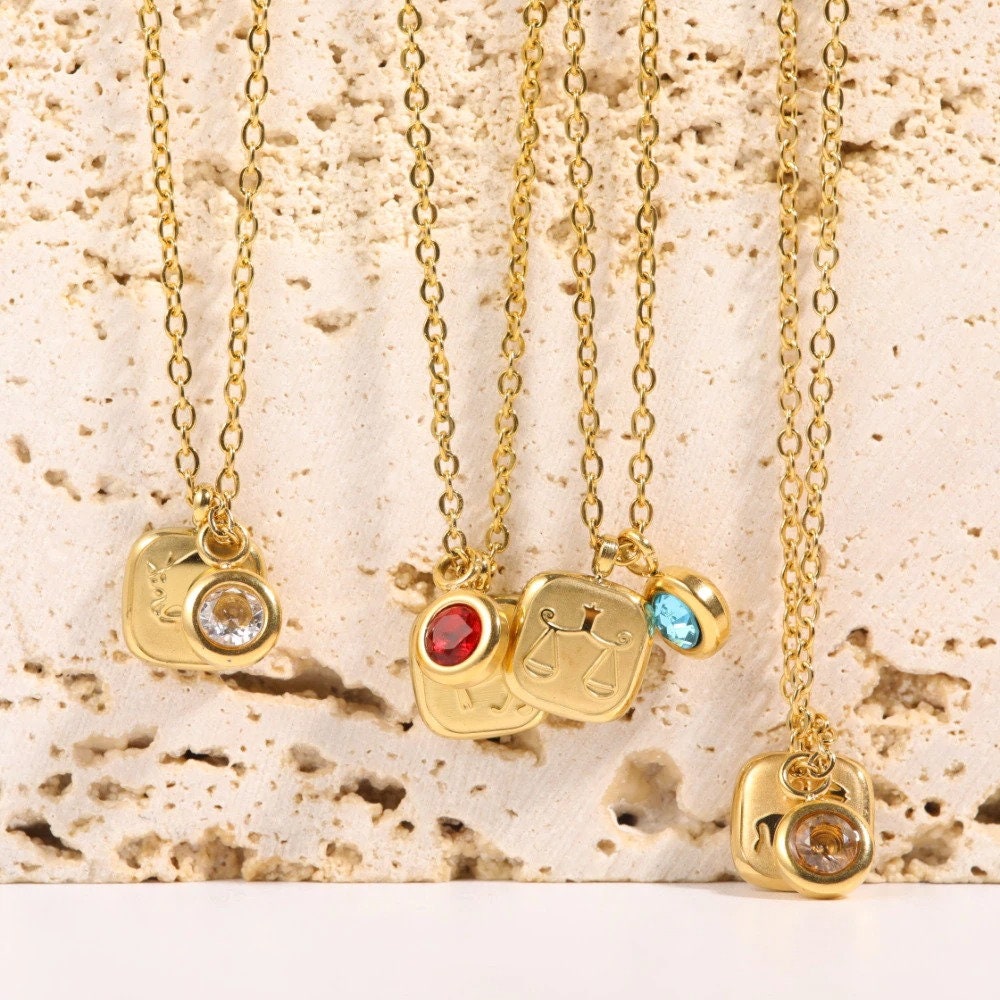 18K Gold Horoscope Charm, Gold Horoscope Necklace, Birthstone Charm, Gold Birthstone Necklace for Women, Gift for Her