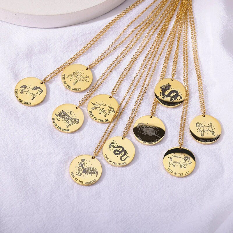 18K Gold Horoscope Coin, Chinese Zodiac Necklace, Chinese Zodiac Charm, Chinese Fashion Necklace for Women, Gift for Her