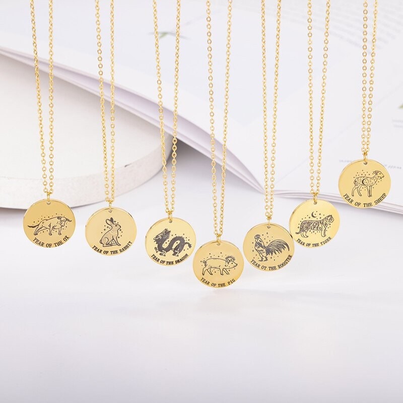 18K Gold Horoscope Coin, Chinese Zodiac Necklace, Chinese Zodiac Charm, Chinese Fashion Necklace for Women, Gift for Her