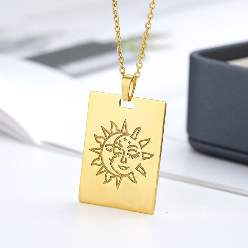 18K Gold Tarot Charm, Gold Tarot Necklace, Sun Moon Fashion Necklace for Women, Gift for Her