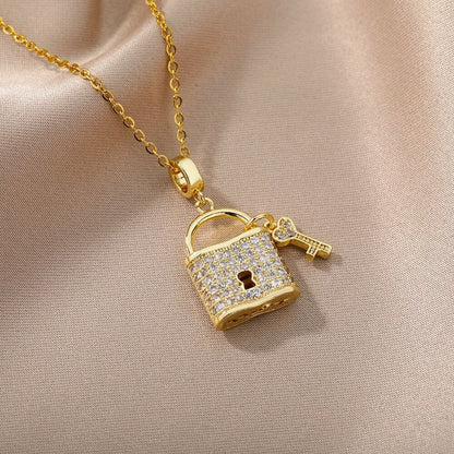 Punk Lock Necklace, Lock Charm, Lock Pendant, 18K Gold Lock Necklace, Punk Fashion Necklace for Women, Gift for Her